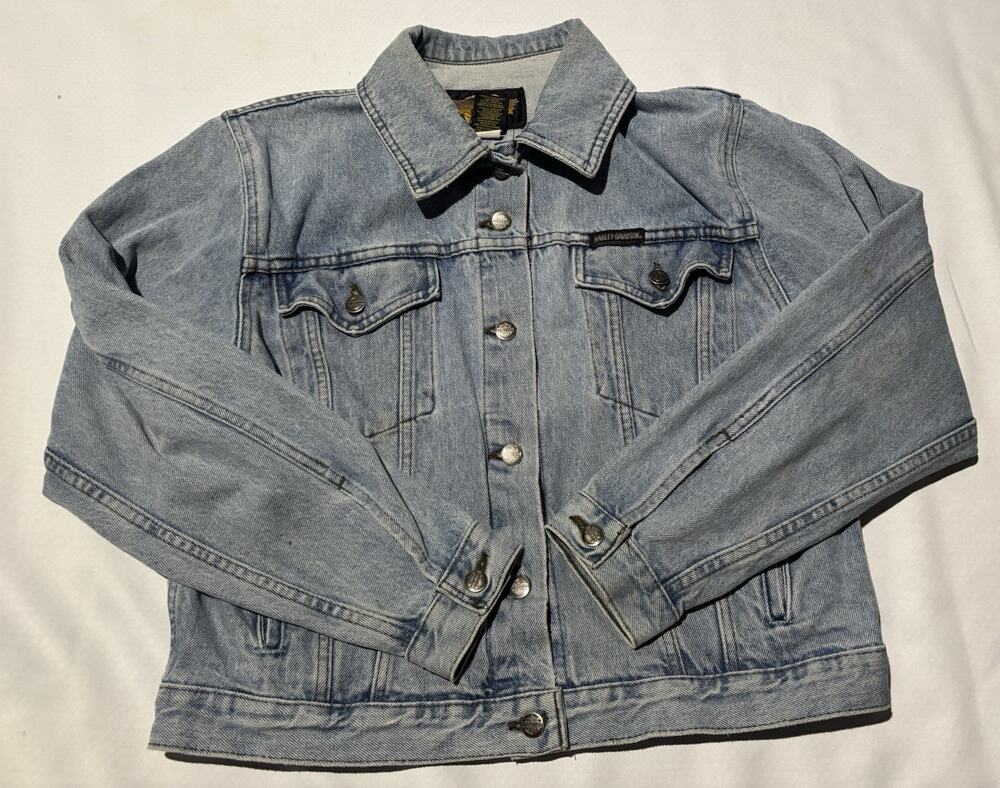 Vintage Harley Davidson Classic Trucker Jacket Womens M Blue Denim Patch Logo